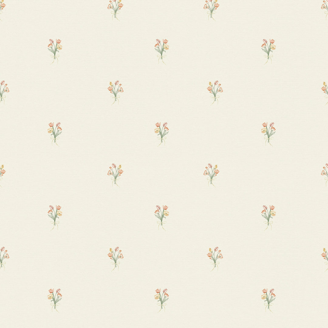 Sample of Miniature Tulip Bouquet Wallpaper in Orange and Yellow on Vintage Cream