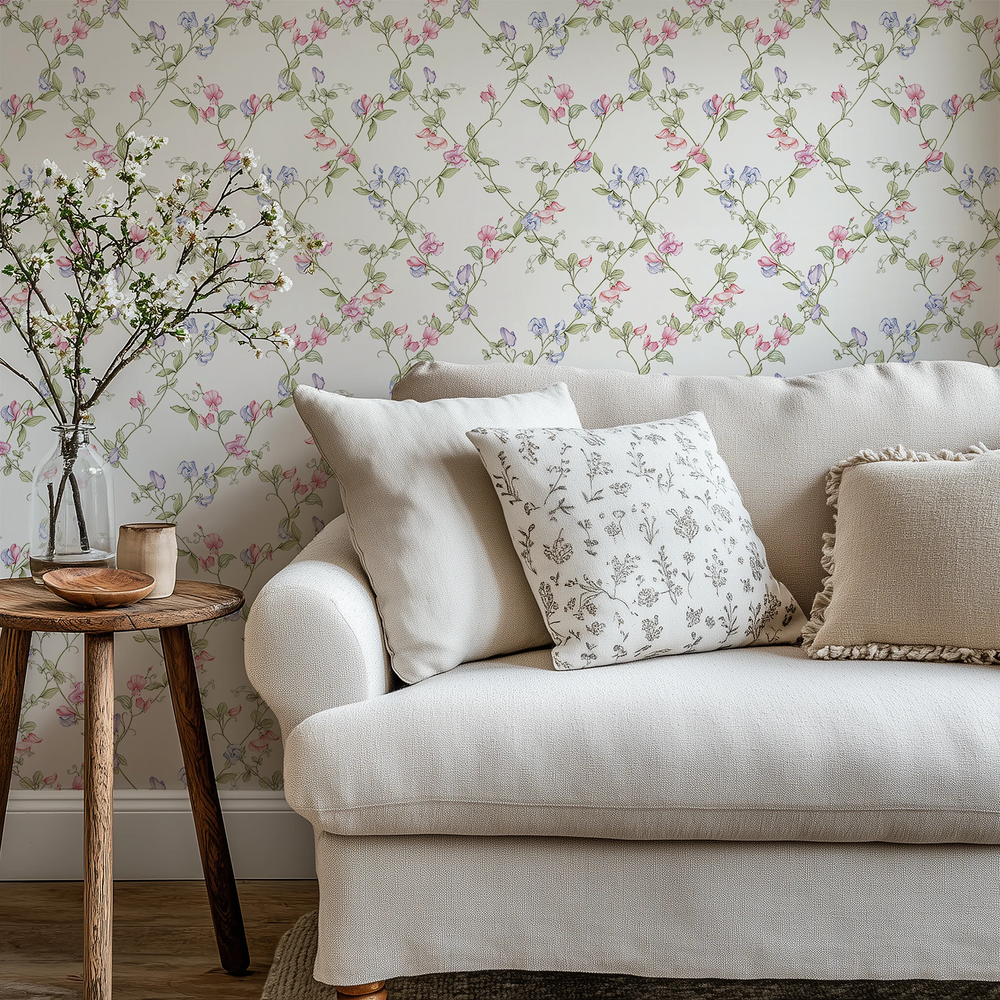 Sweet Pea Wallpaper in Pinks and Lilacs on Vintage Cream