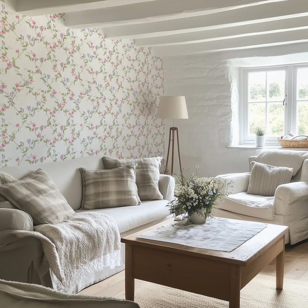 Sweet Pea Wallpaper in Pinks and Lilacs on Vintage Cream