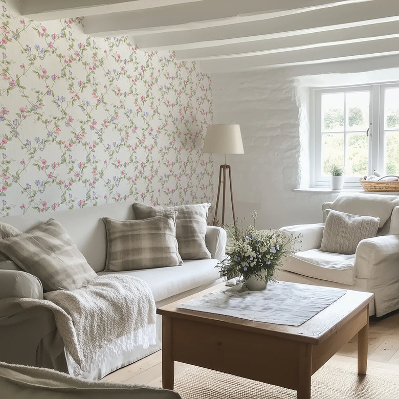 Sweet Pea Wallpaper in Pinks and Lilacs on Vintage Cream