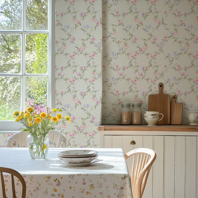 Sweet Pea Wallpaper in Pinks and Lilacs on Soft Sage