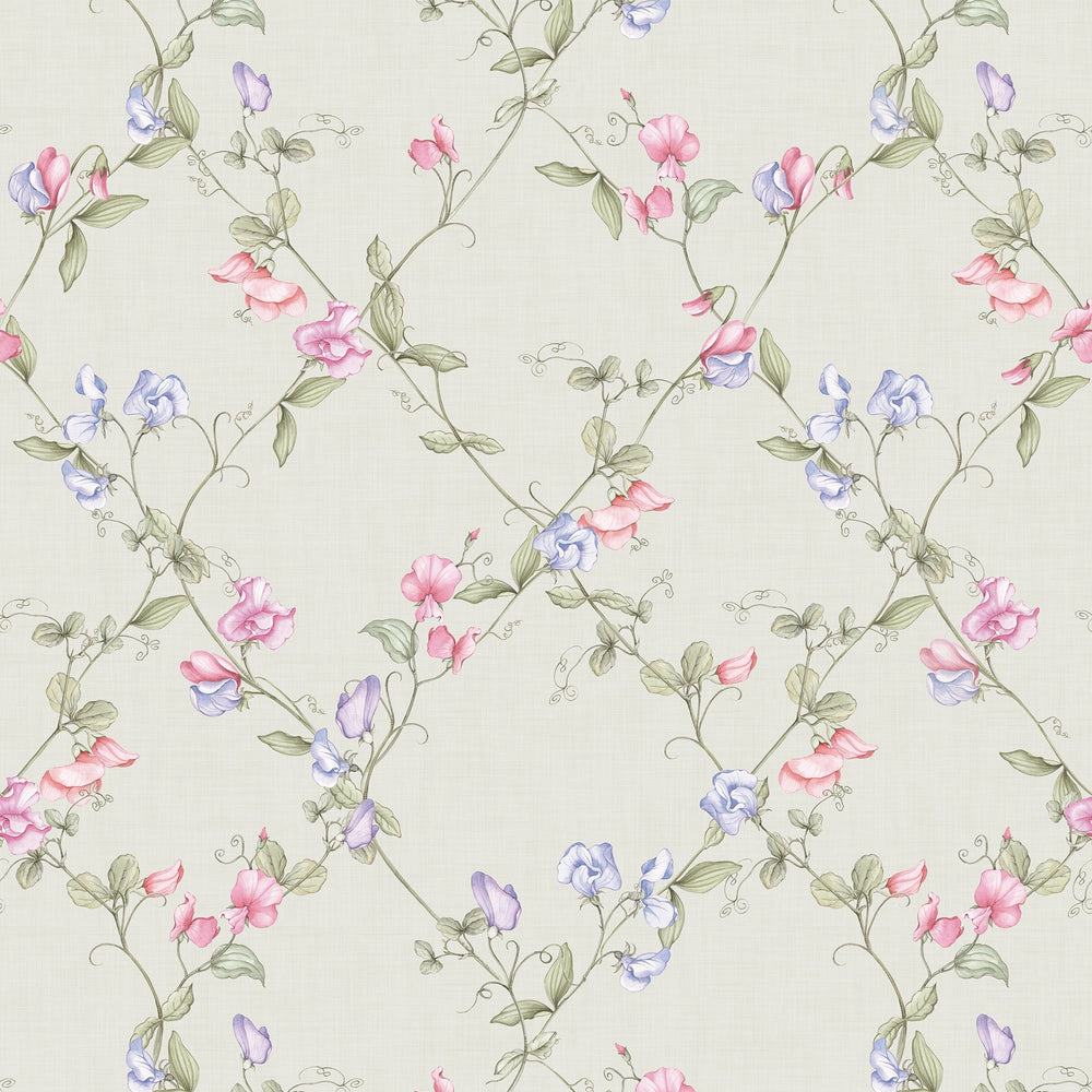 Sweet Pea Wallpaper in Pinks and Lilacs on Soft Sage