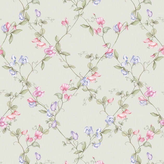 Sweet Pea Wallpaper in Pinks and Lilacs on Soft Sage