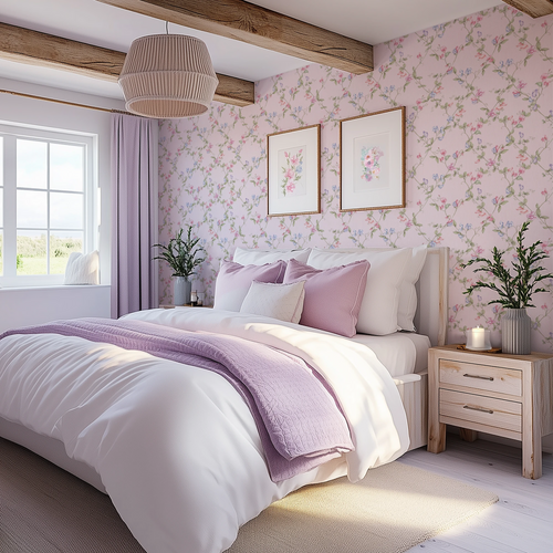 Sweet Pea Wallpaper in Pinks and Lilacs on Pastel Pink