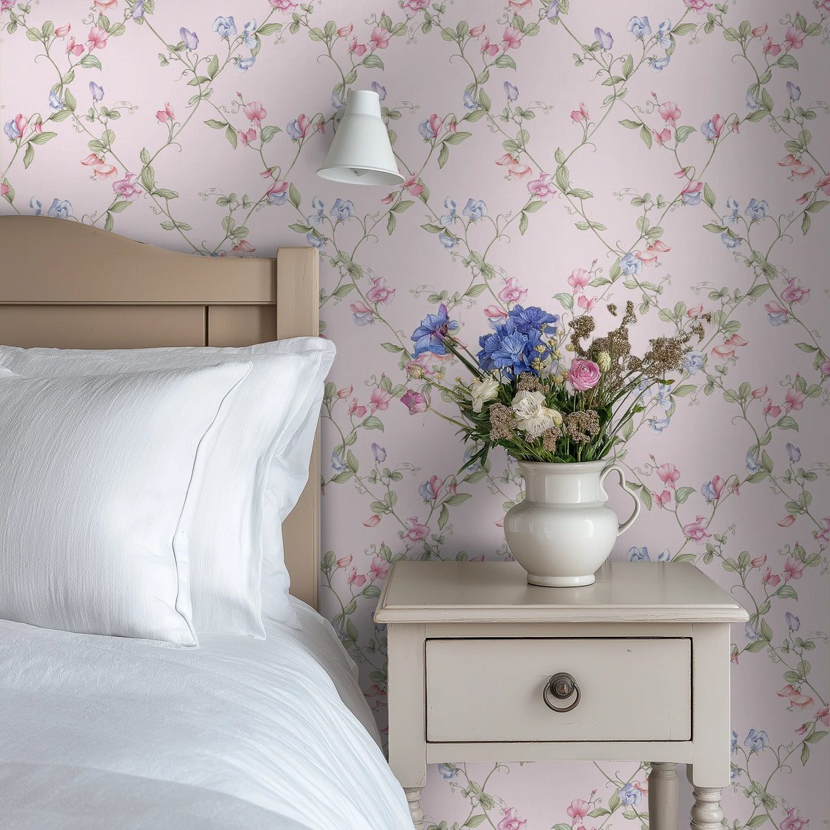 Sweet Pea Wallpaper in Pinks and Lilacs on Pastel Pink – Lucie Annabel