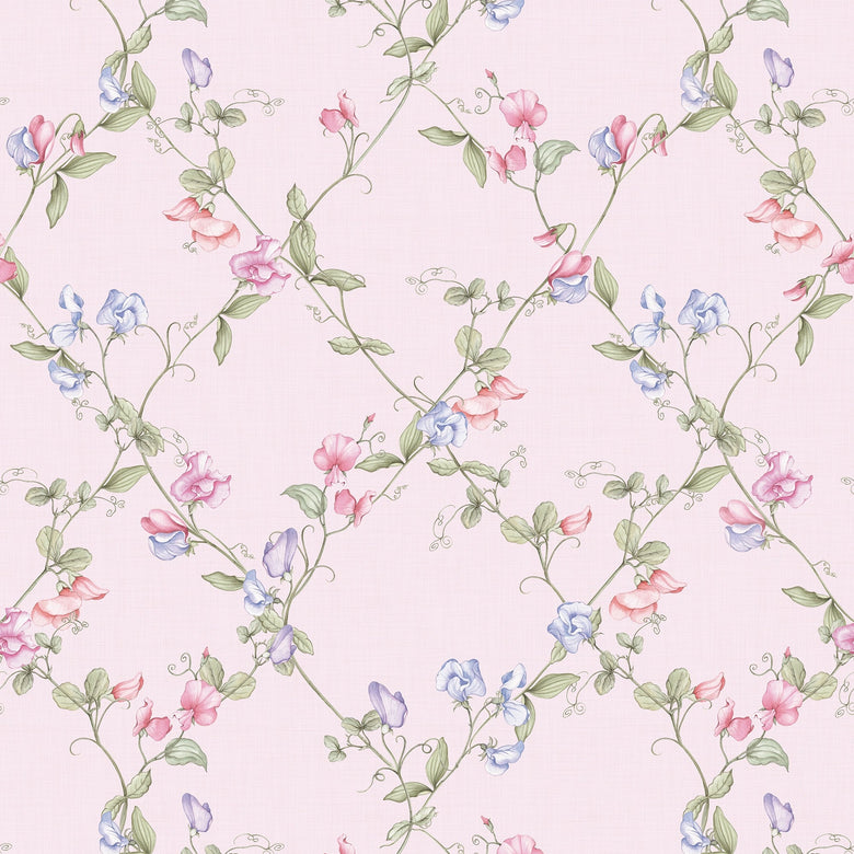 Sweet Pea Wallpaper in Pinks and Lilacs on Pastel Pink