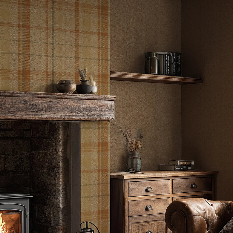 Royal Tartan Wallpaper in Caramel, Hazelnut and Green