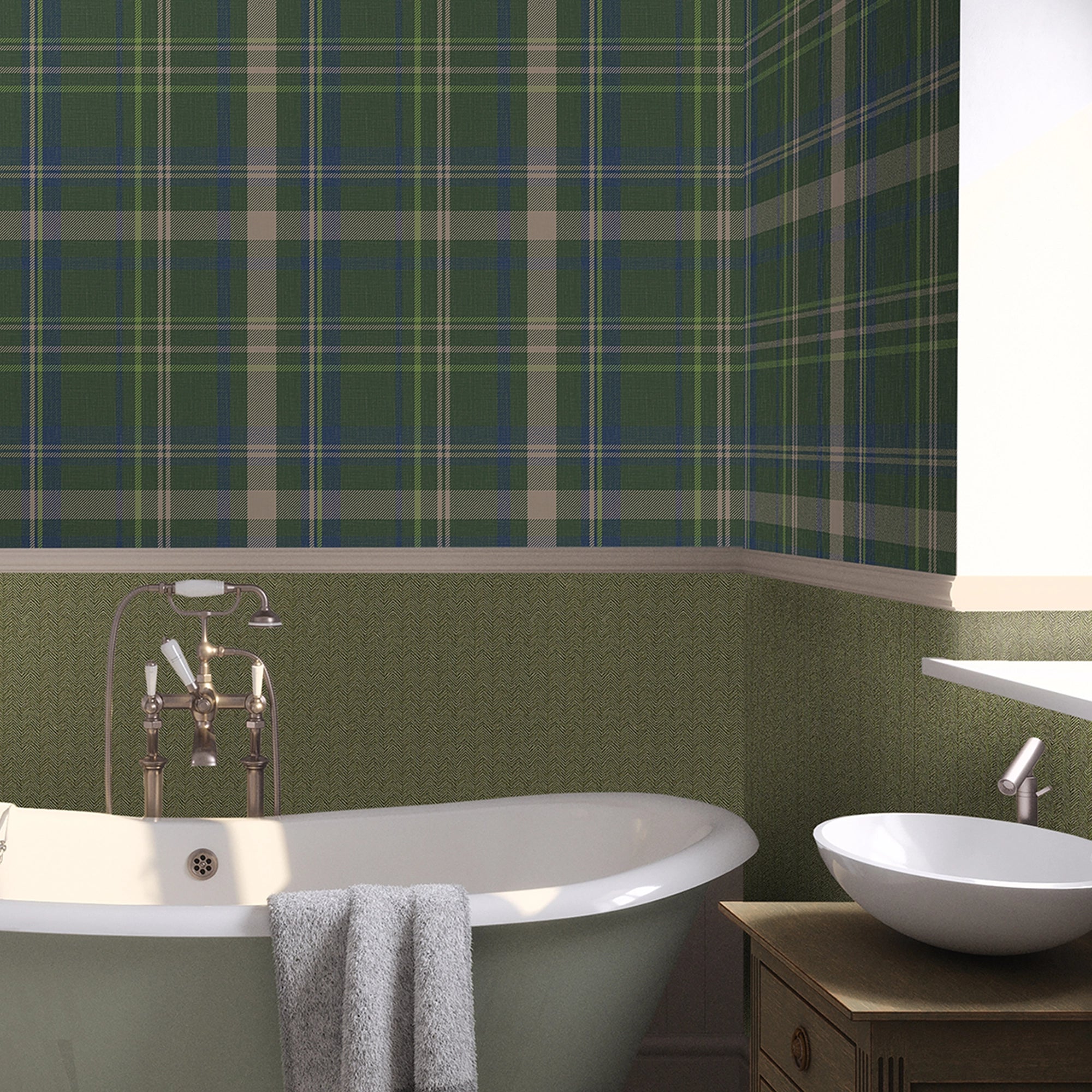 Royal Tartan Wallpaper in Green, Navy and Lime