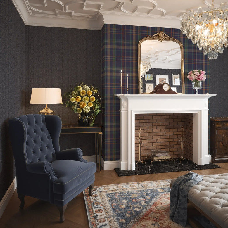 Royal Plaid Wallpaper in Navy, Teal and Rust