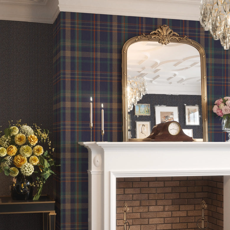 Royal Plaid Wallpaper in Navy, Teal and Rust