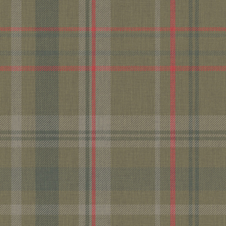 Royal Tartan Wallpaper in Bracken Green, Sage and Red