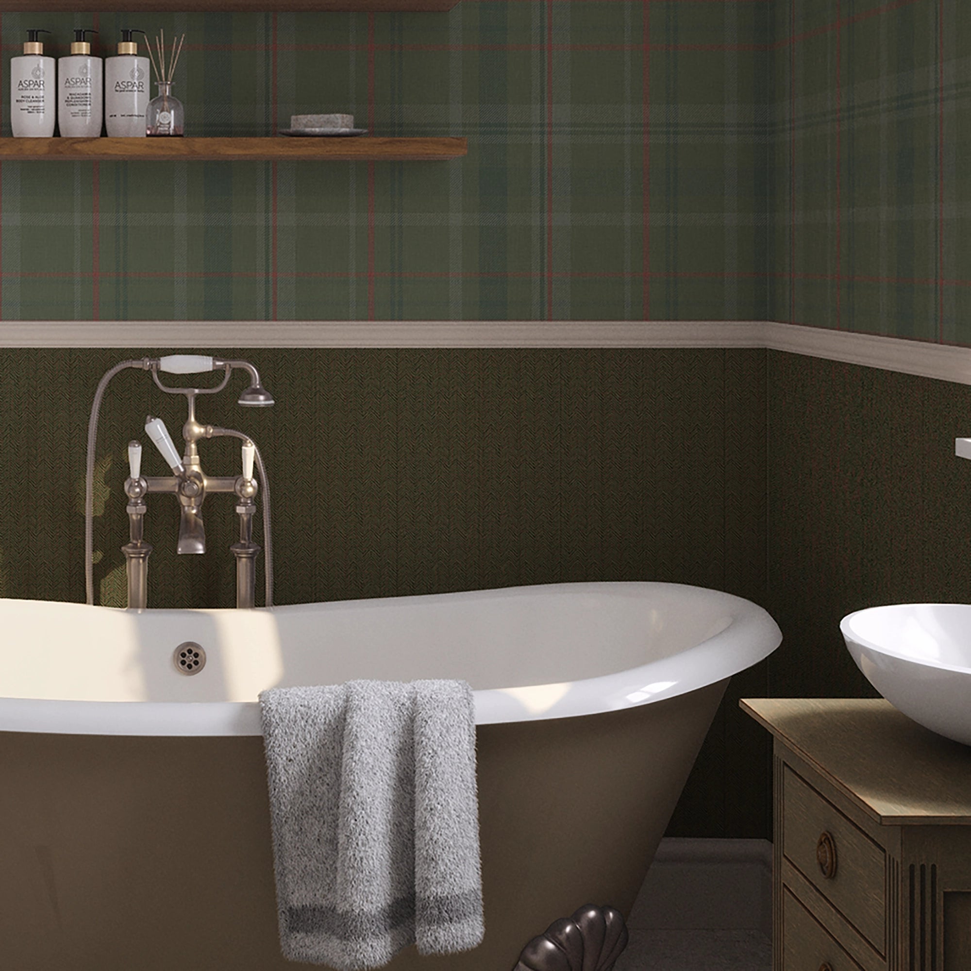 Royal Tartan Wallpaper in Bracken Green, Sage and Red