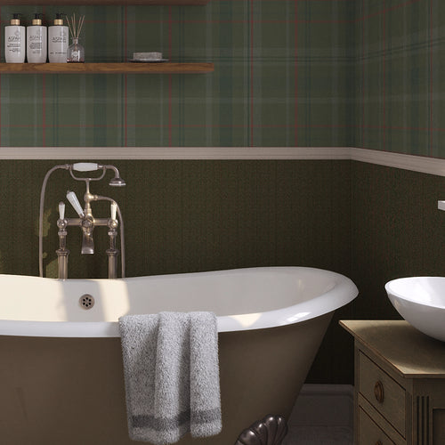 Royal Tartan Wallpaper in Bracken Green, Sage and Red