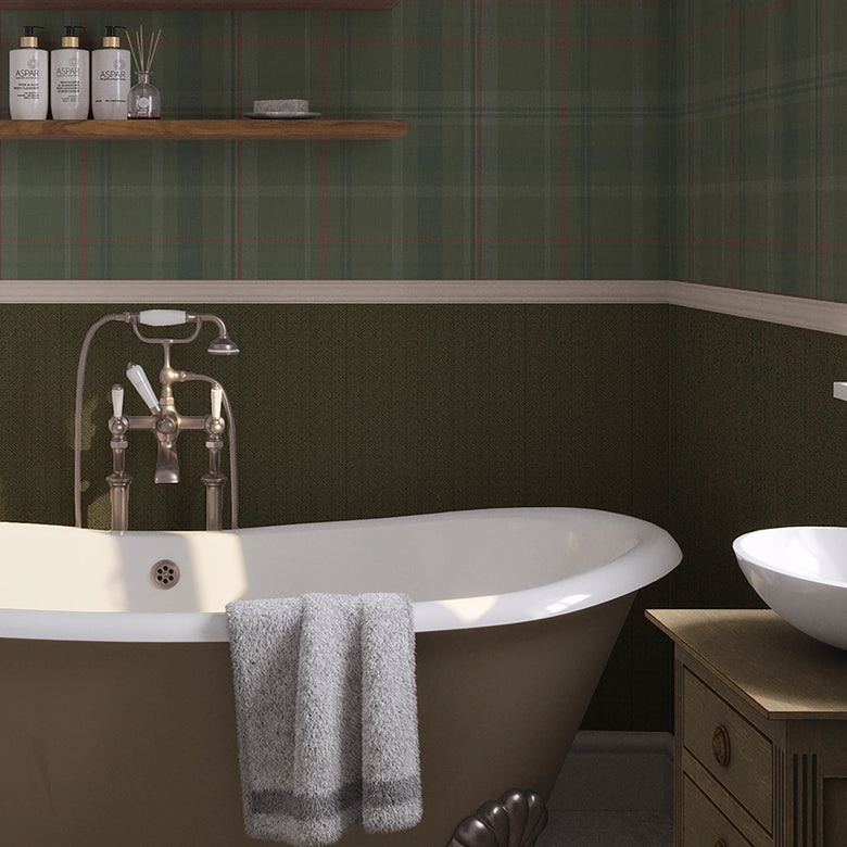 Royal Tartan Wallpaper in Bracken Green, Sage and Red