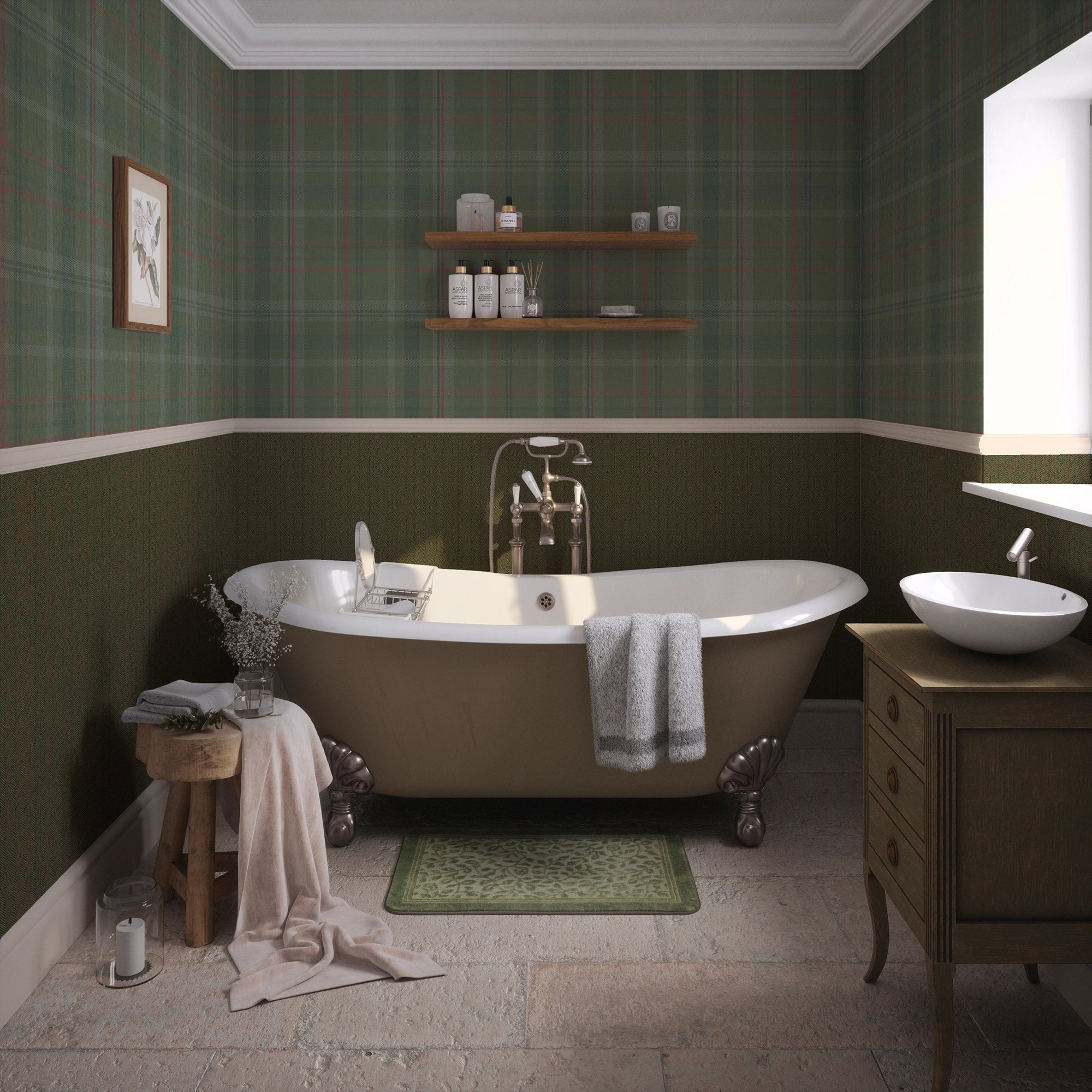 Royal Tartan Wallpaper in Bracken Green, Sage and Red