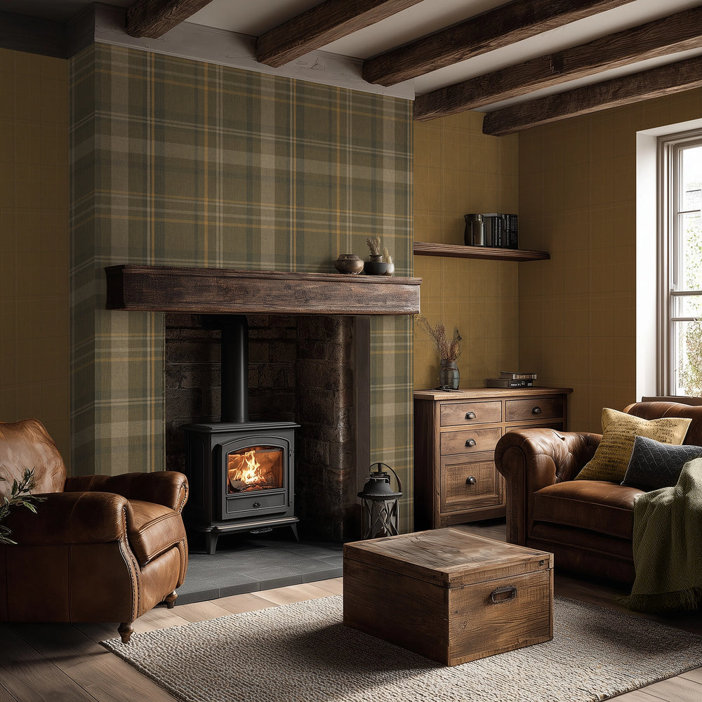 Royal Tartan Wallpaper in Rich Olive, Ochre and Mustard