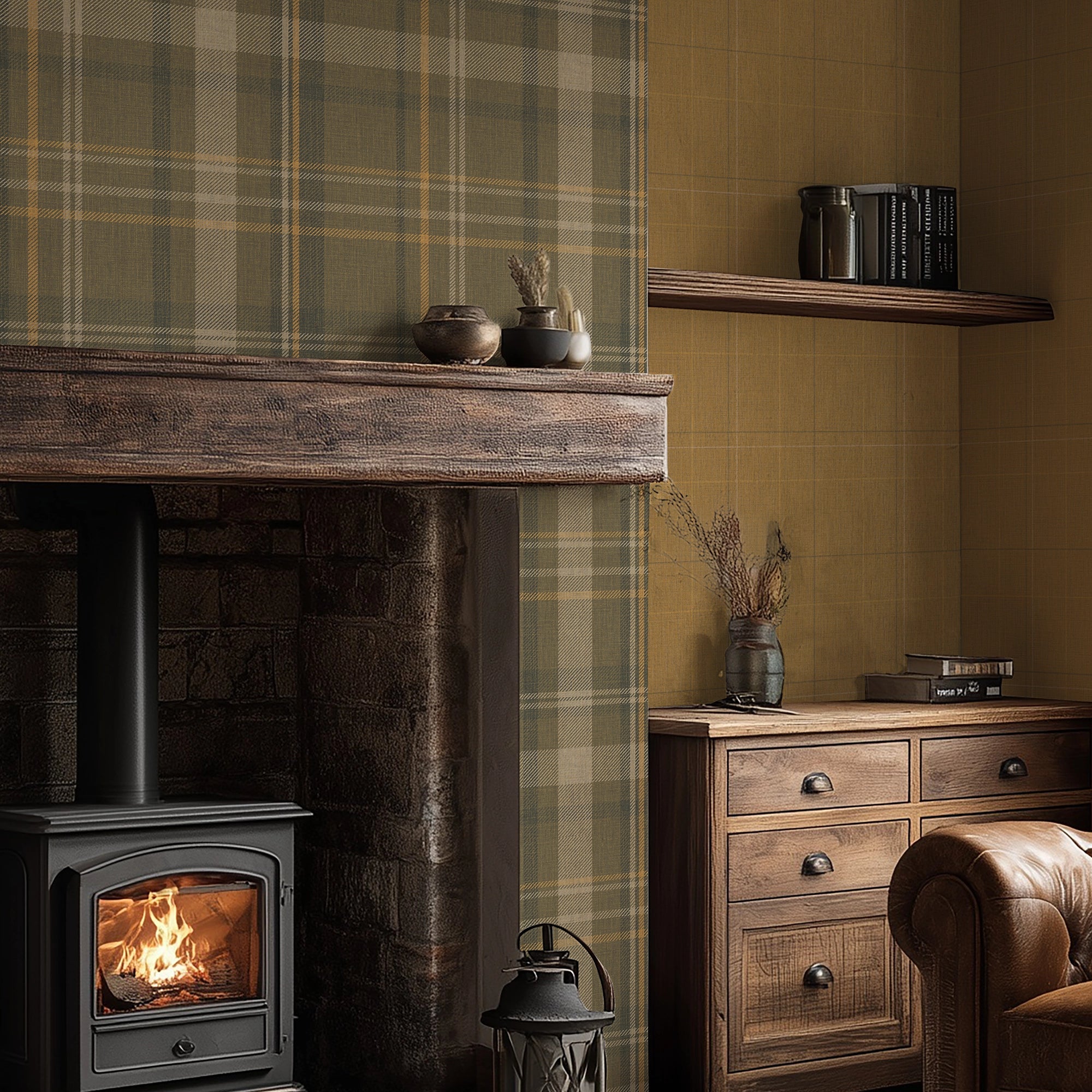 Royal Tartan Wallpaper in Rich Olive, Ochre and Mustard