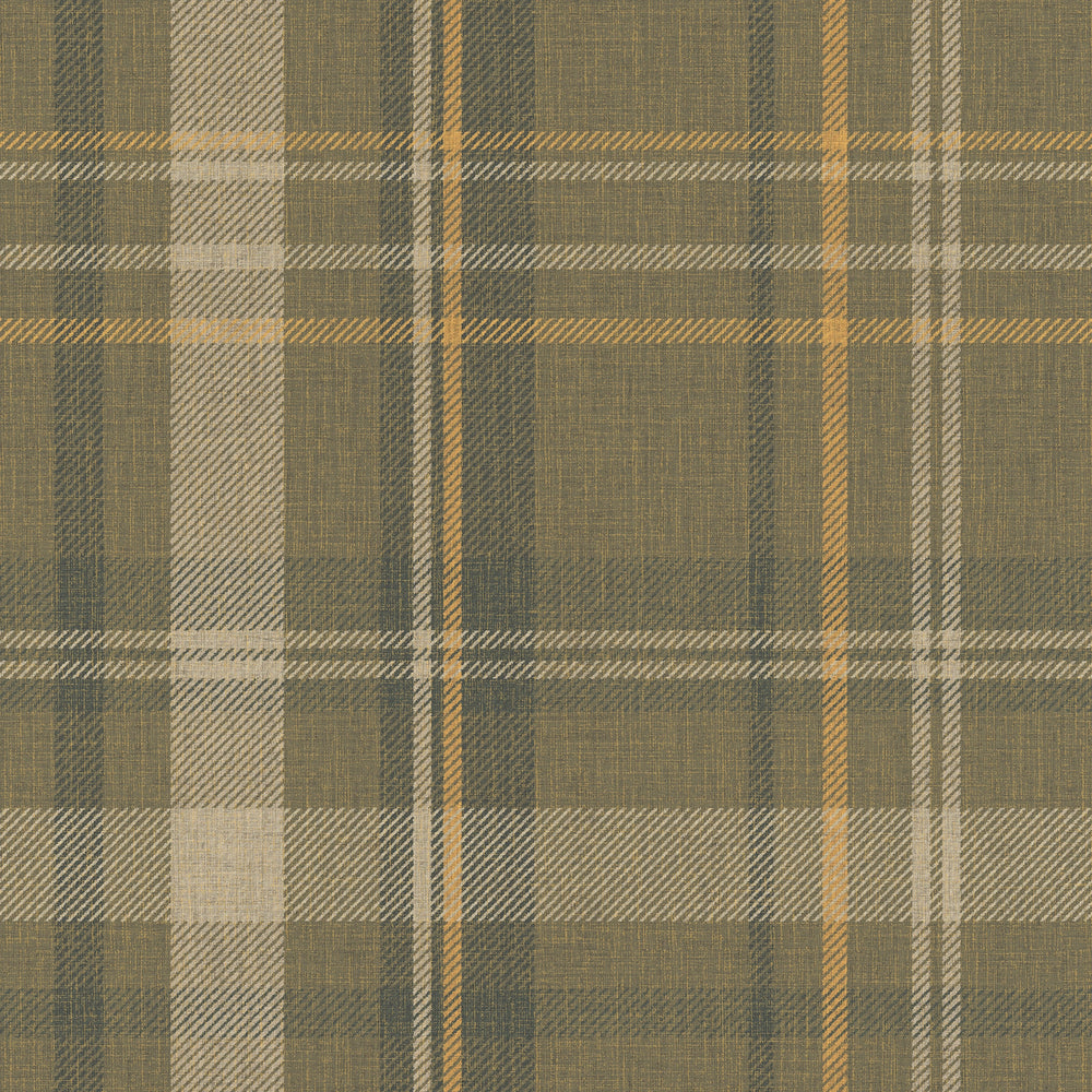 Royal Tartan Wallpaper in Rich Olive, Ochre and Mustard