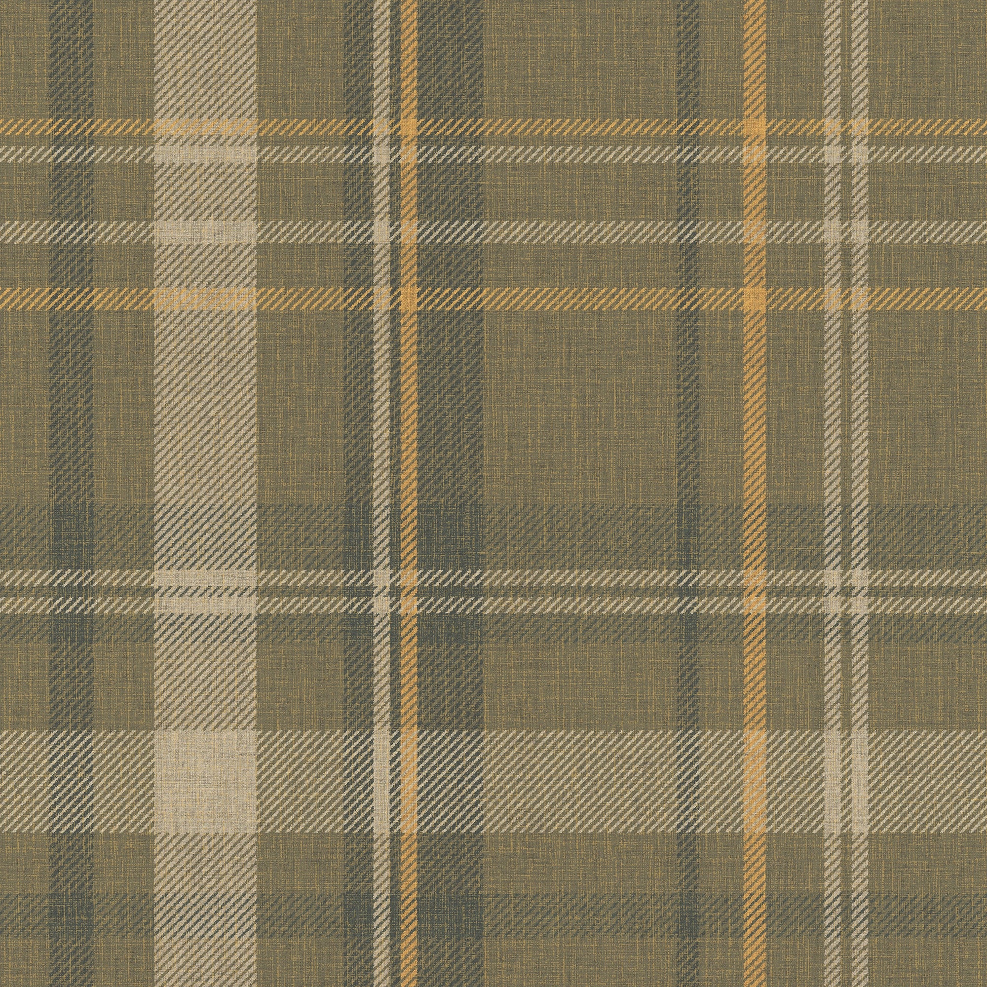 Royal Tartan Wallpaper in Rich Olive, Ochre and Mustard