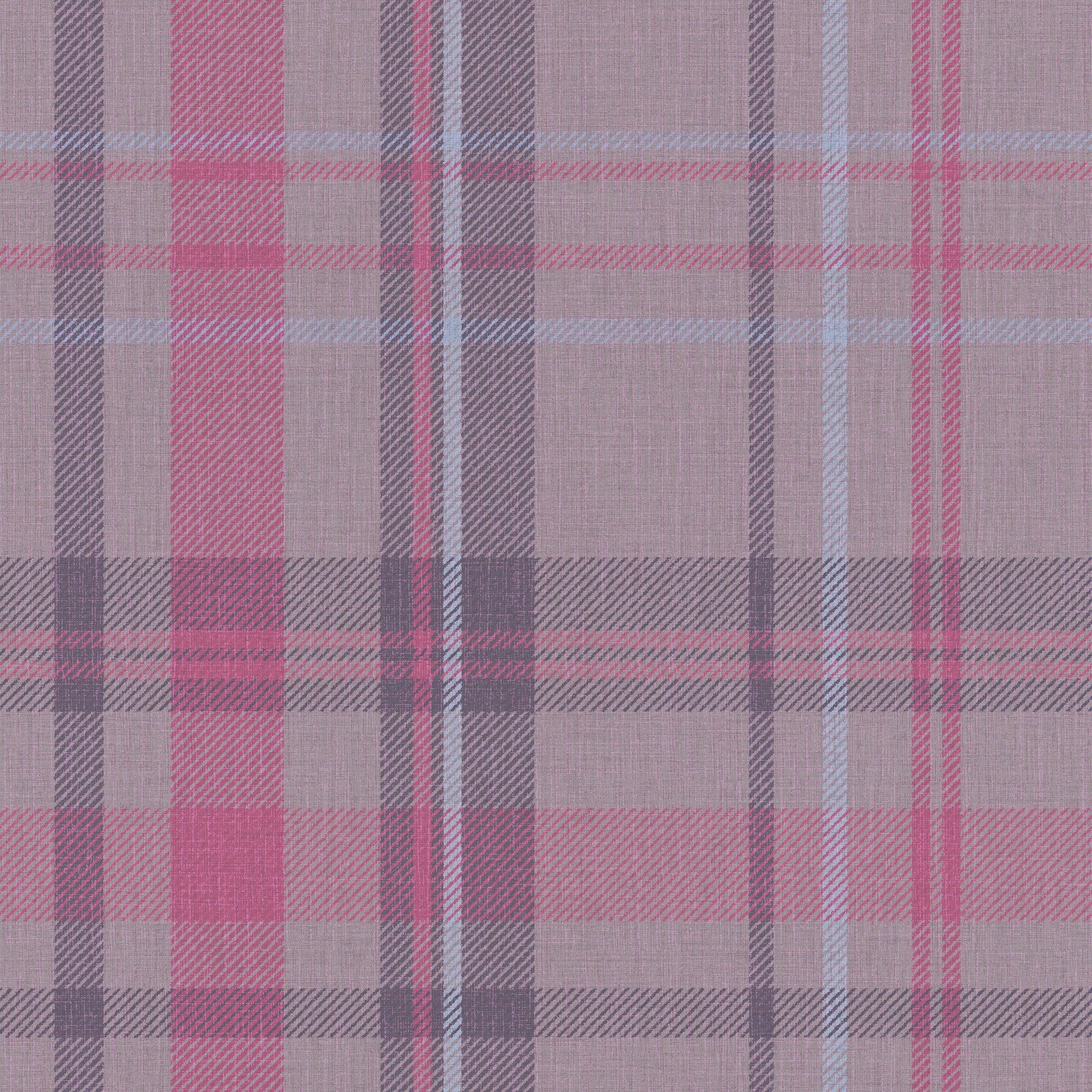 Royal Tartan Wallpaper in Heather, Rich Plum and Sky Blue