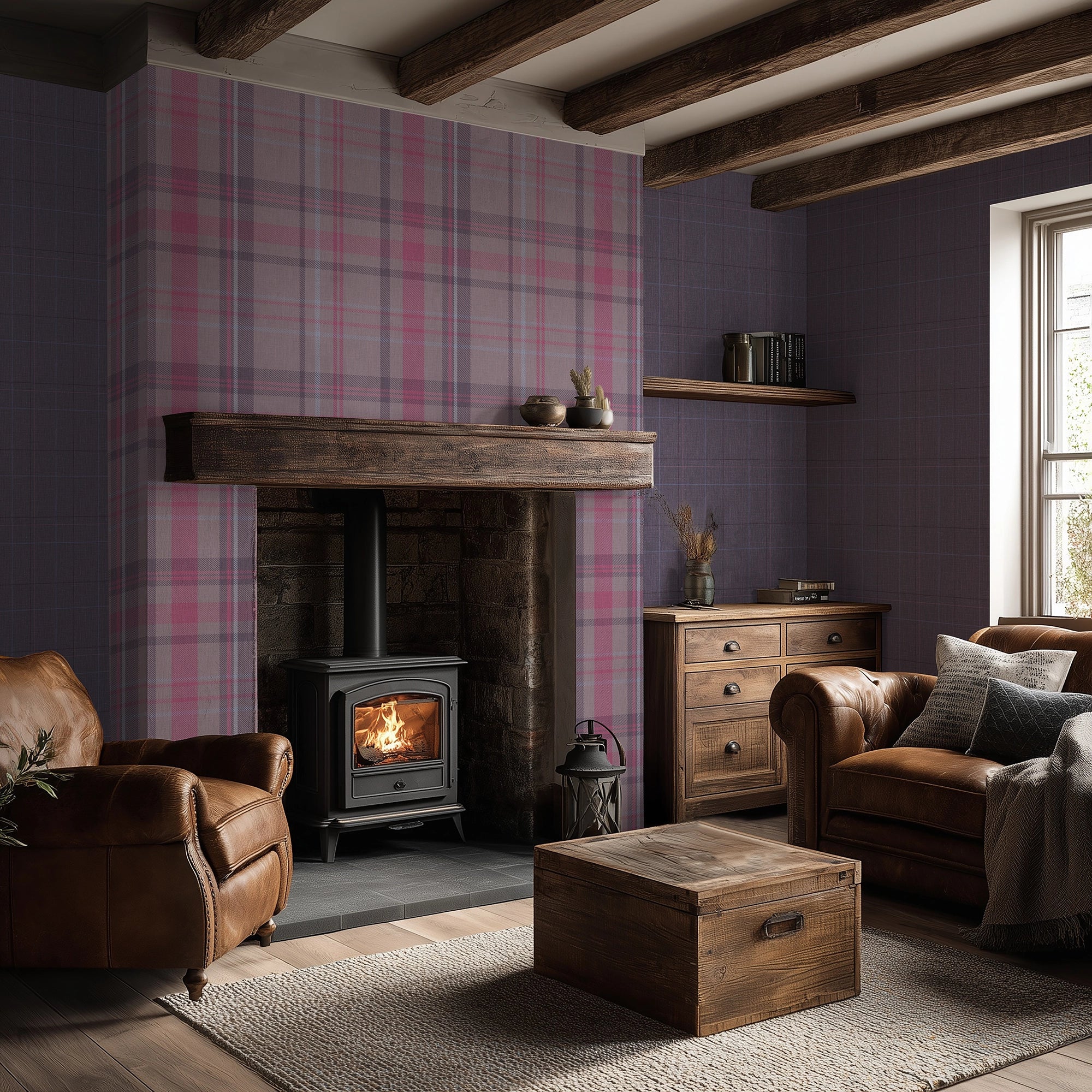 Royal Tartan Wallpaper in Heather, Rich Plum and Sky Blue
