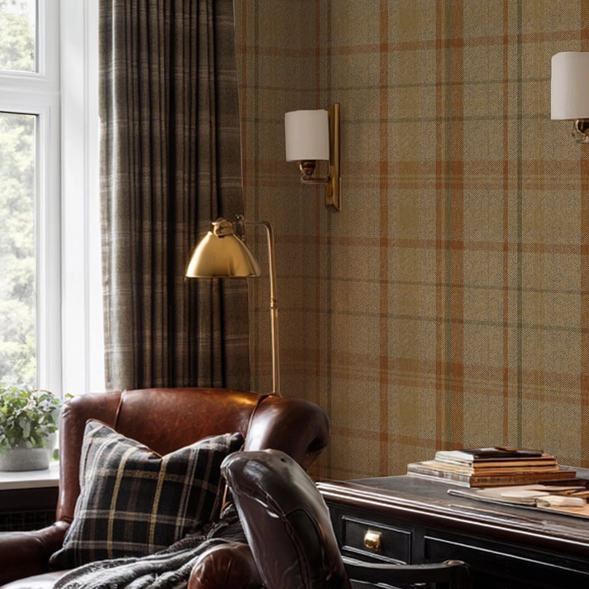 Royal Herringbone Tartan Wallpaper in Caramel, Hazelnut and Green