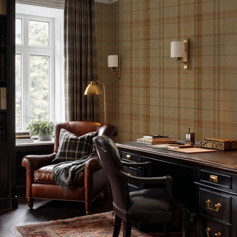 Royal Herringbone Tartan Wallpaper in Caramel, Hazelnut and Green