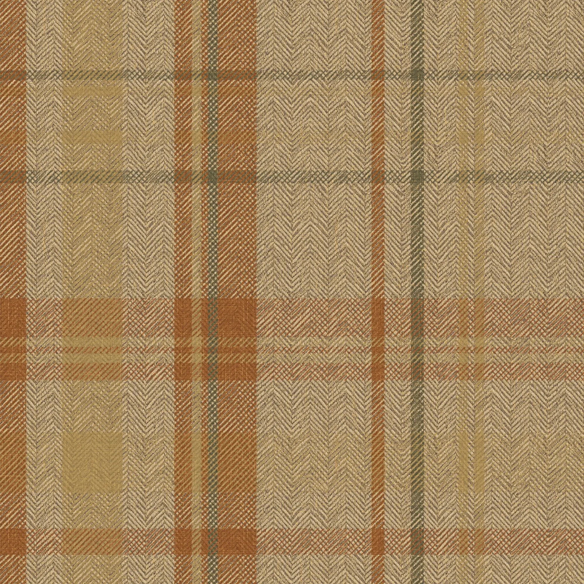 Royal Herringbone Tartan Wallpaper in Caramel, Hazelnut and Green
