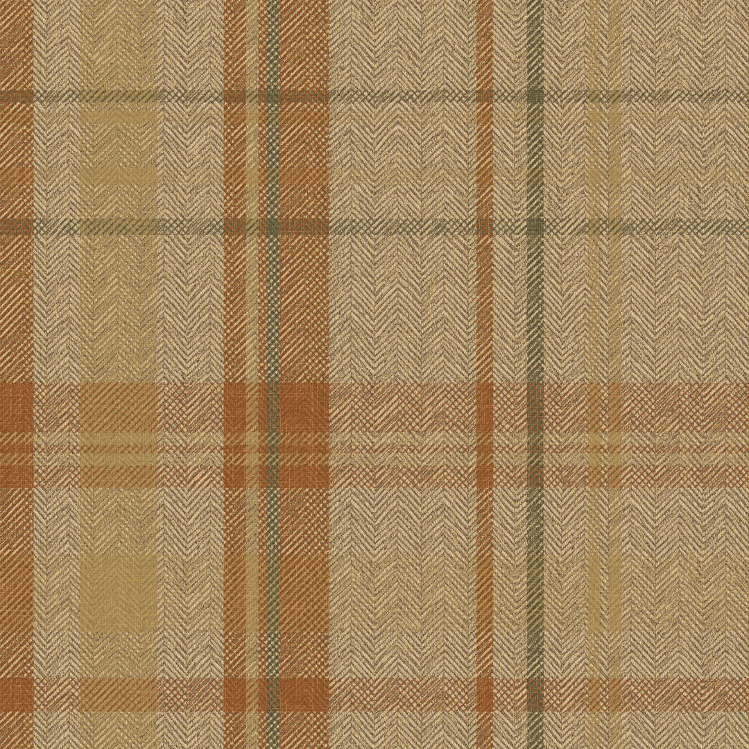 Sample of Royal Herringbone Tartan Wallpaper in Caramel, Hazelnut and Green