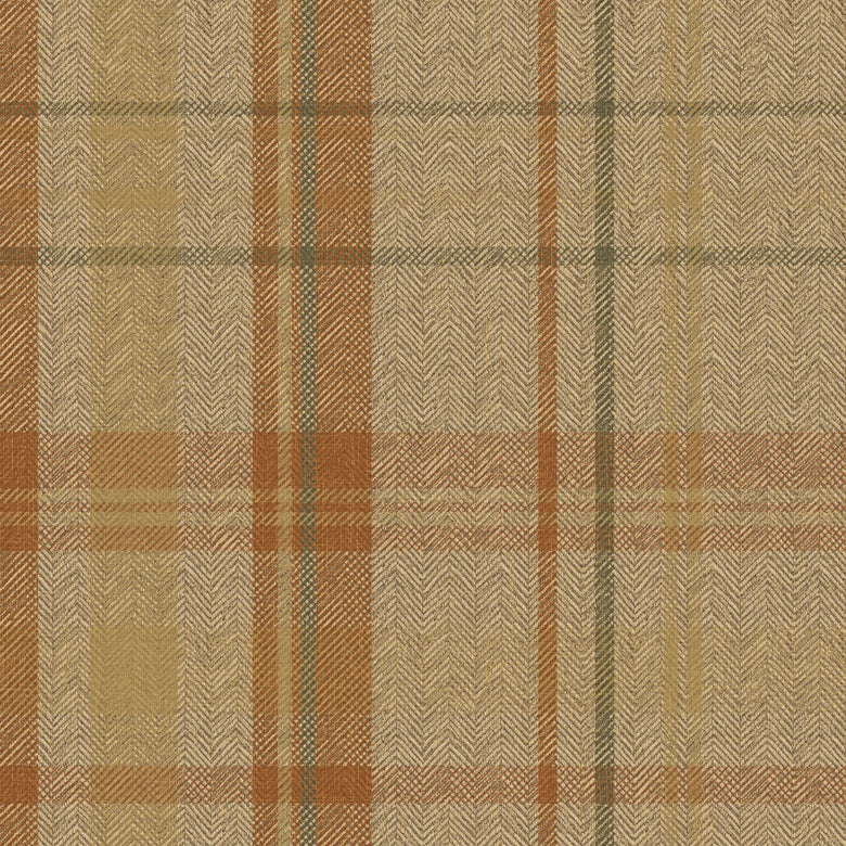 Sample of Royal Herringbone Tartan Wallpaper in Caramel, Hazelnut and Green