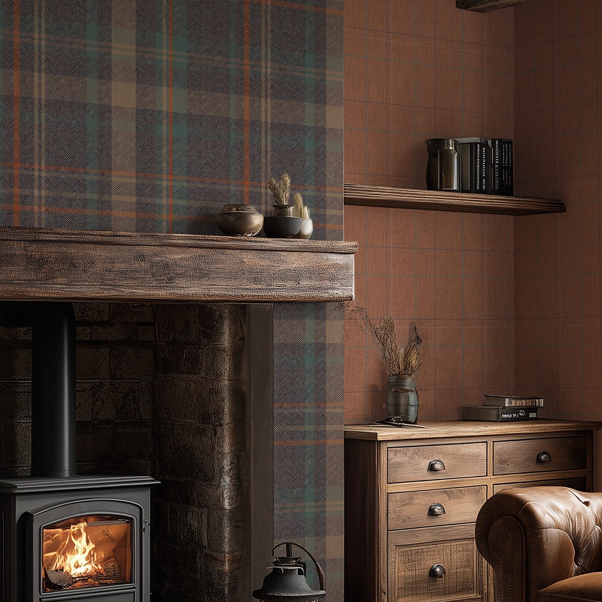 Royal Herringbone Tartan Wallpaper in Navy, Teal and Rust