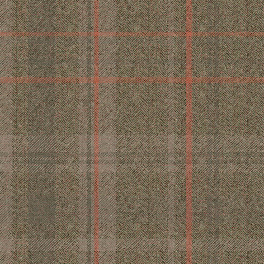 Royal Herringbone Tartan Wallpaper in Bracken Green, Sage and Red