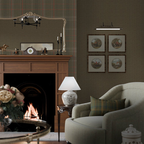 Royal Herringbone Tartan Wallpaper in Bracken Green, Sage and Red