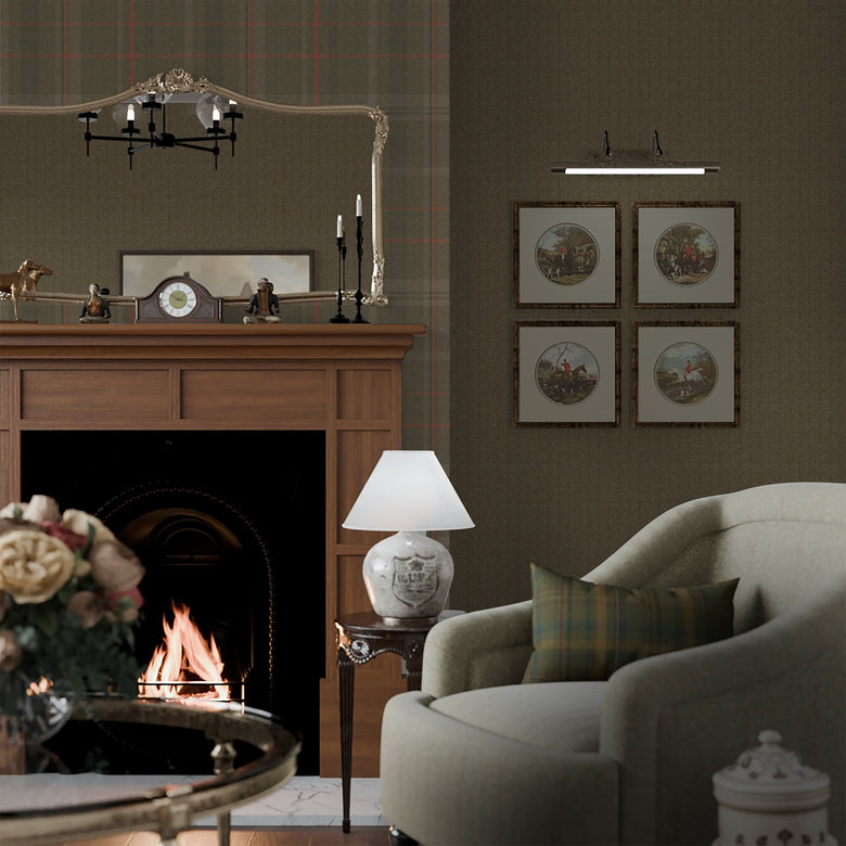 Royal Herringbone Tartan Wallpaper in Bracken Green, Sage and Red