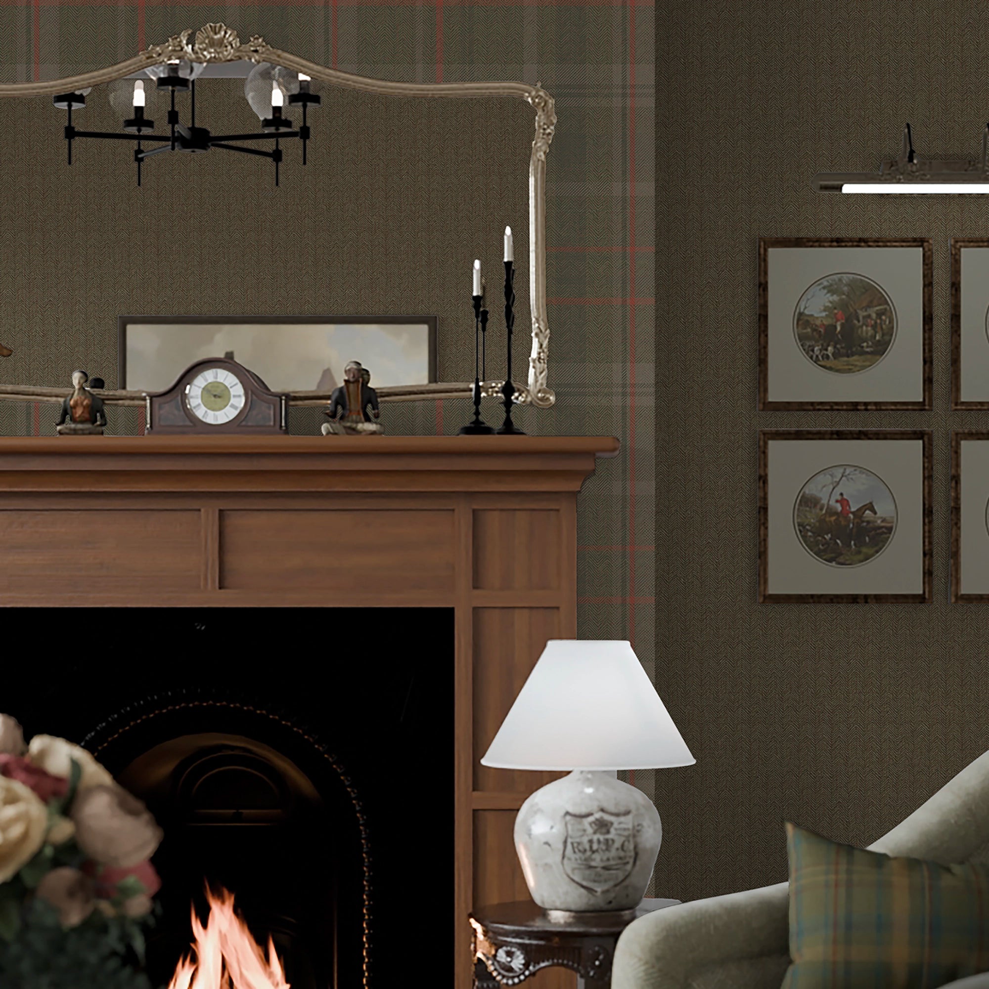 Royal Herringbone Tartan Wallpaper in Bracken Green, Sage and Red