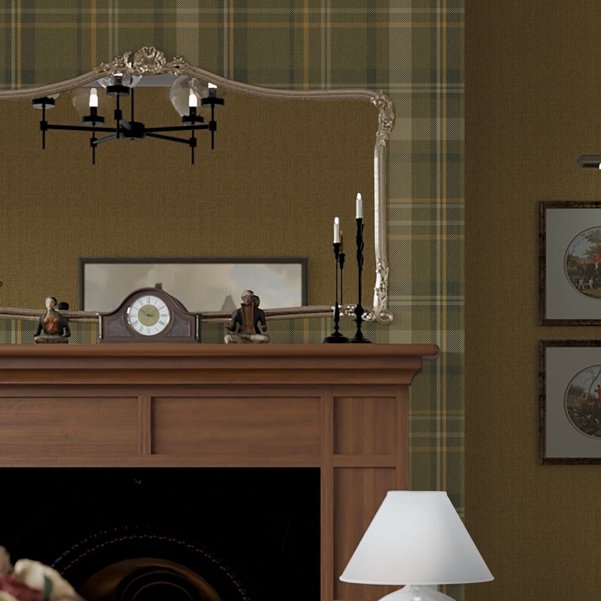 Royal Herringbone Tartan Wallpaper in Rich Olive, Ochre and Mustard