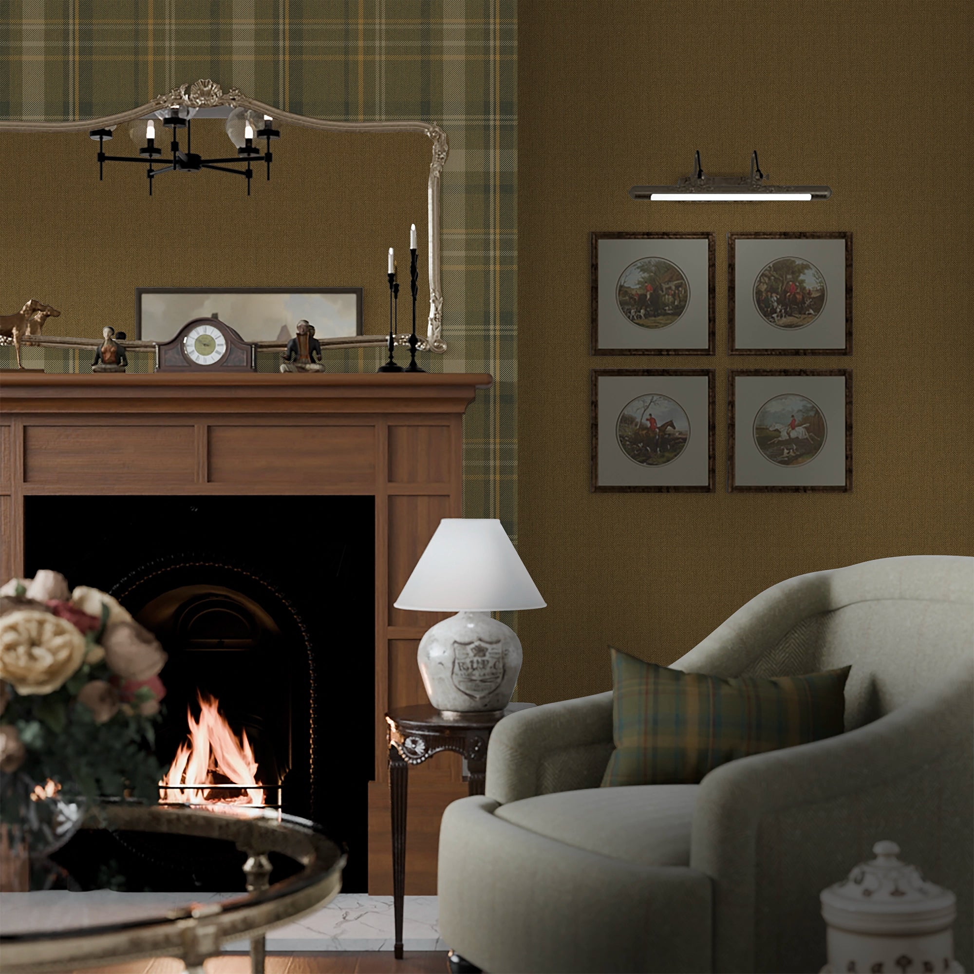 Royal Herringbone Tartan Wallpaper in Rich Olive, Ochre and Mustard
