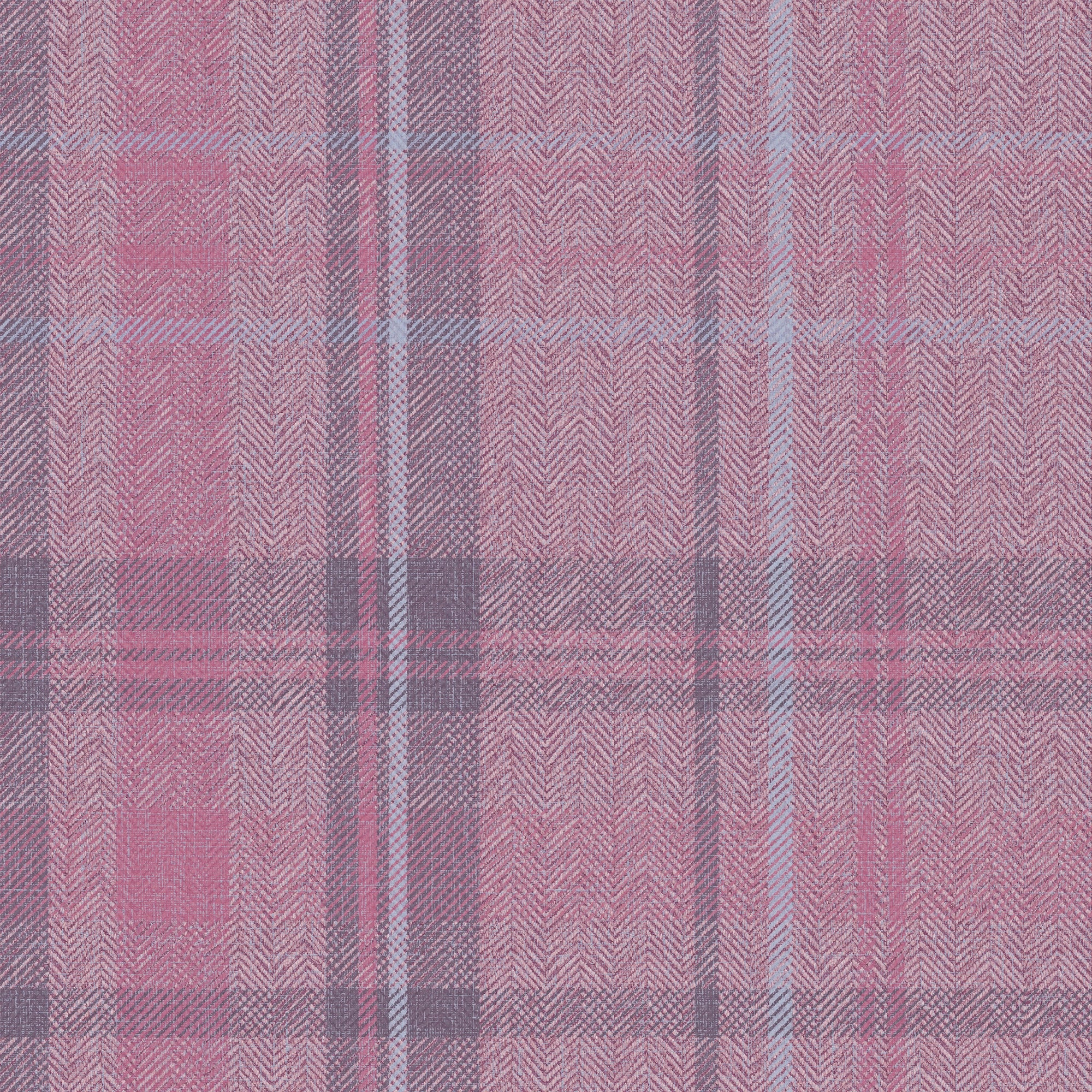 Royal Herringbone Tartan Wallpaper in Heather, Rich Plum and Sky Blue