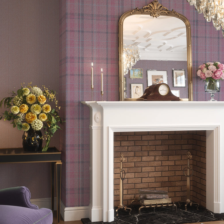 Royal Herringbone Tartan Wallpaper in Heather, Rich Plum and Sky Blue
