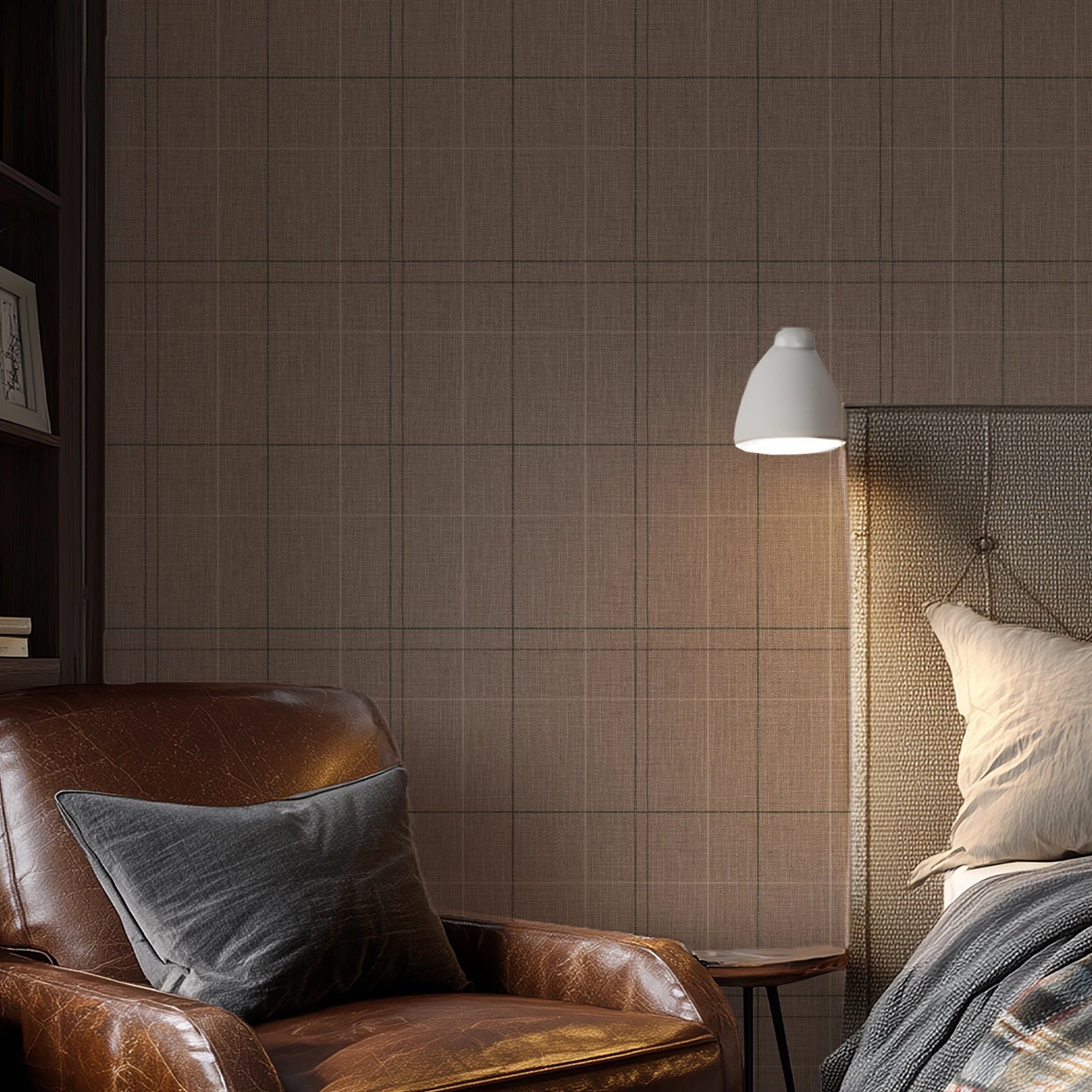 Royal Check Wallpaper in Taupe, Green and Oak Brown