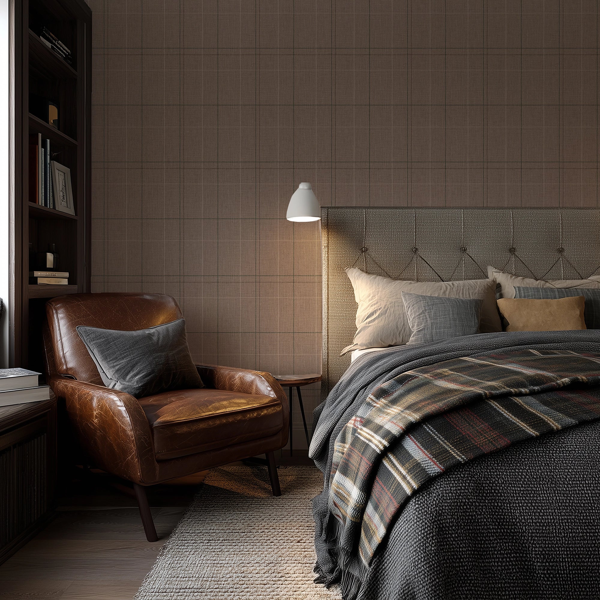 Royal Check Wallpaper in Taupe, Green and Oak Brown