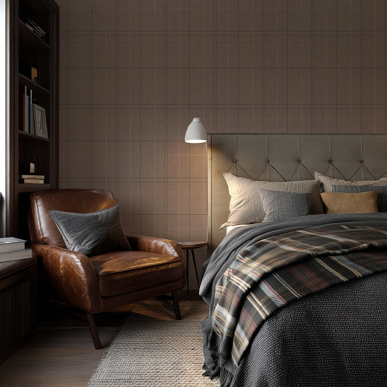 Royal Check Wallpaper in Taupe, Green and Oak Brown