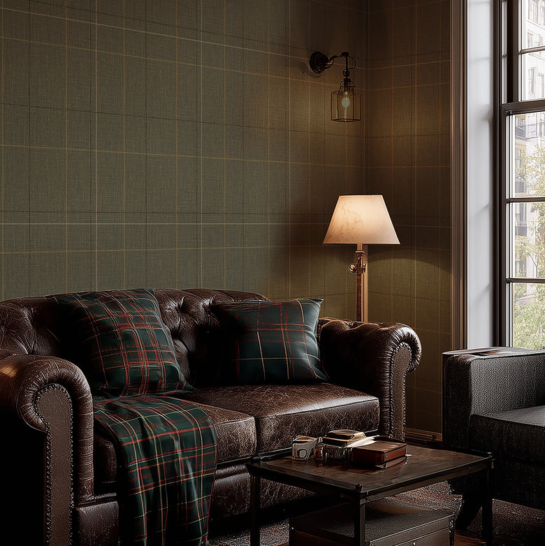 Royal Check Wallpaper in Green, Rich Olive and Yellow