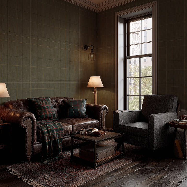 Royal Check Wallpaper in Green, Rich Olive and Yellow