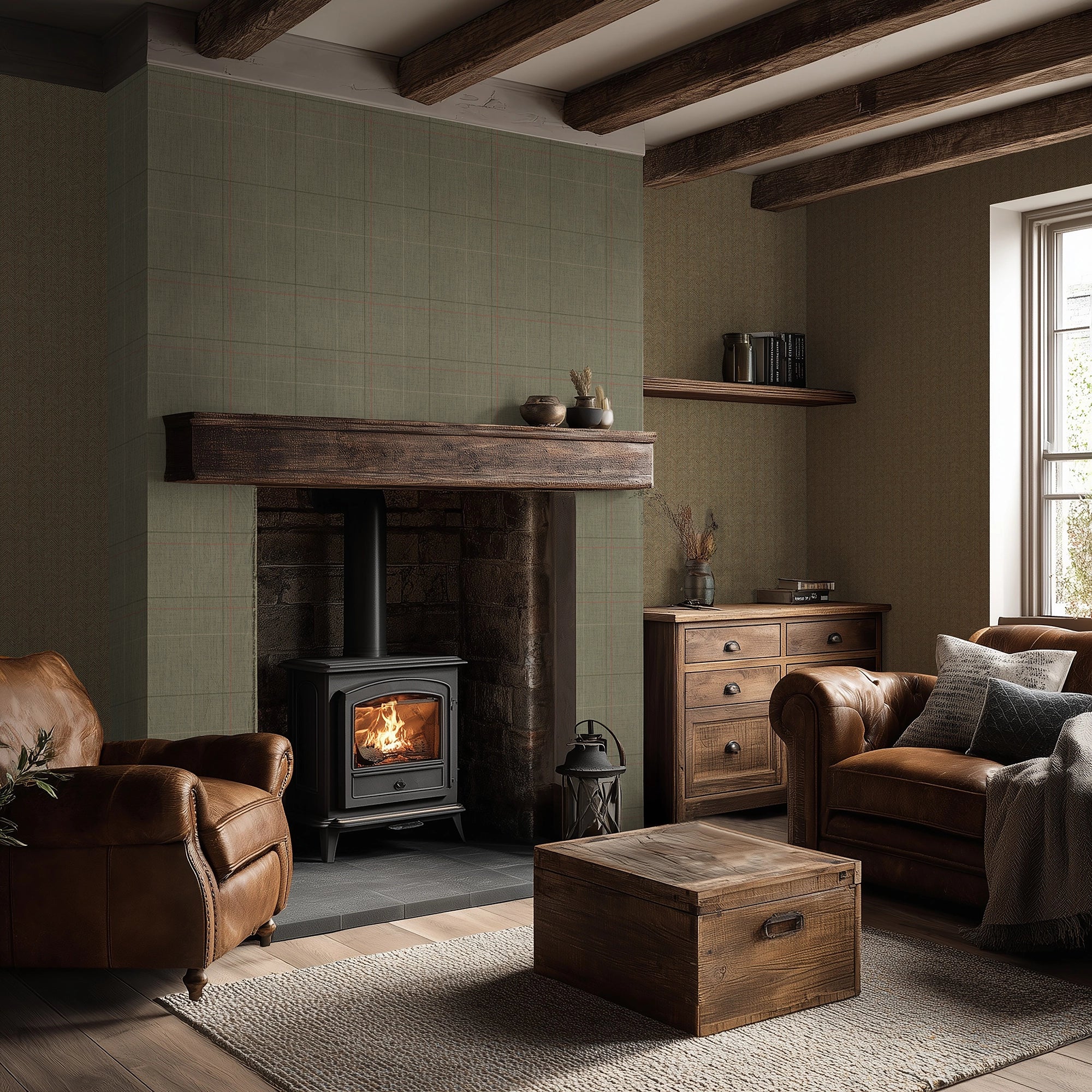 Royal Check Wallpaper in Heather Green, Bracken Green and Red