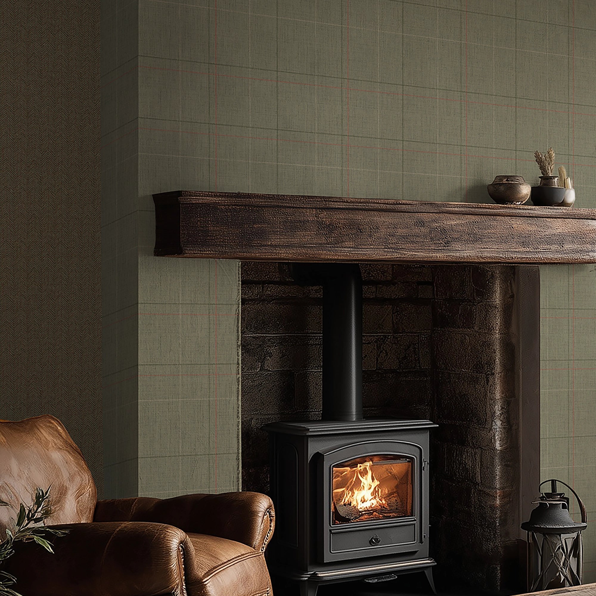 Royal Check Wallpaper in Heather Green, Bracken Green and Red