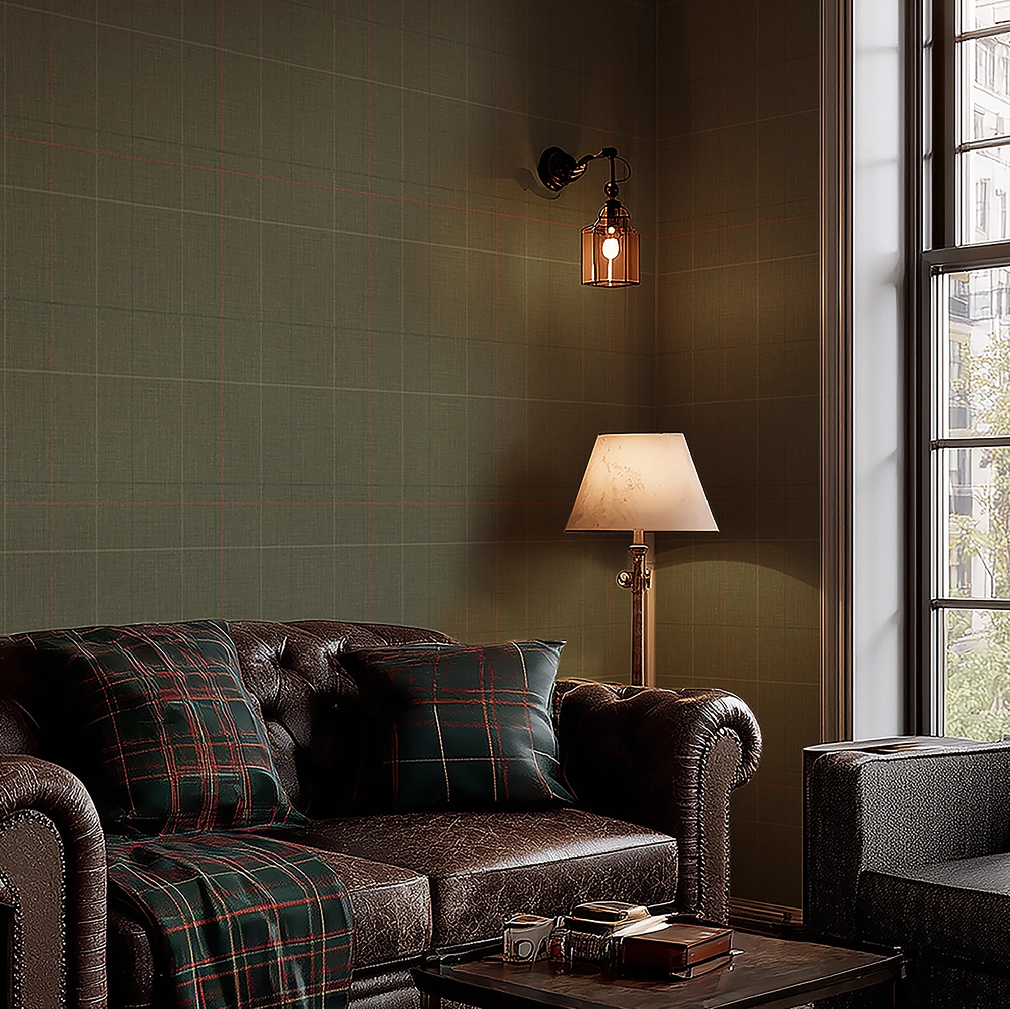Royal Check Wallpaper in Bracken Green, Sage and Red