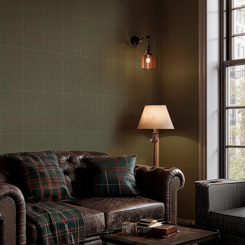 Royal Check Wallpaper in Bracken Green, Sage and Red