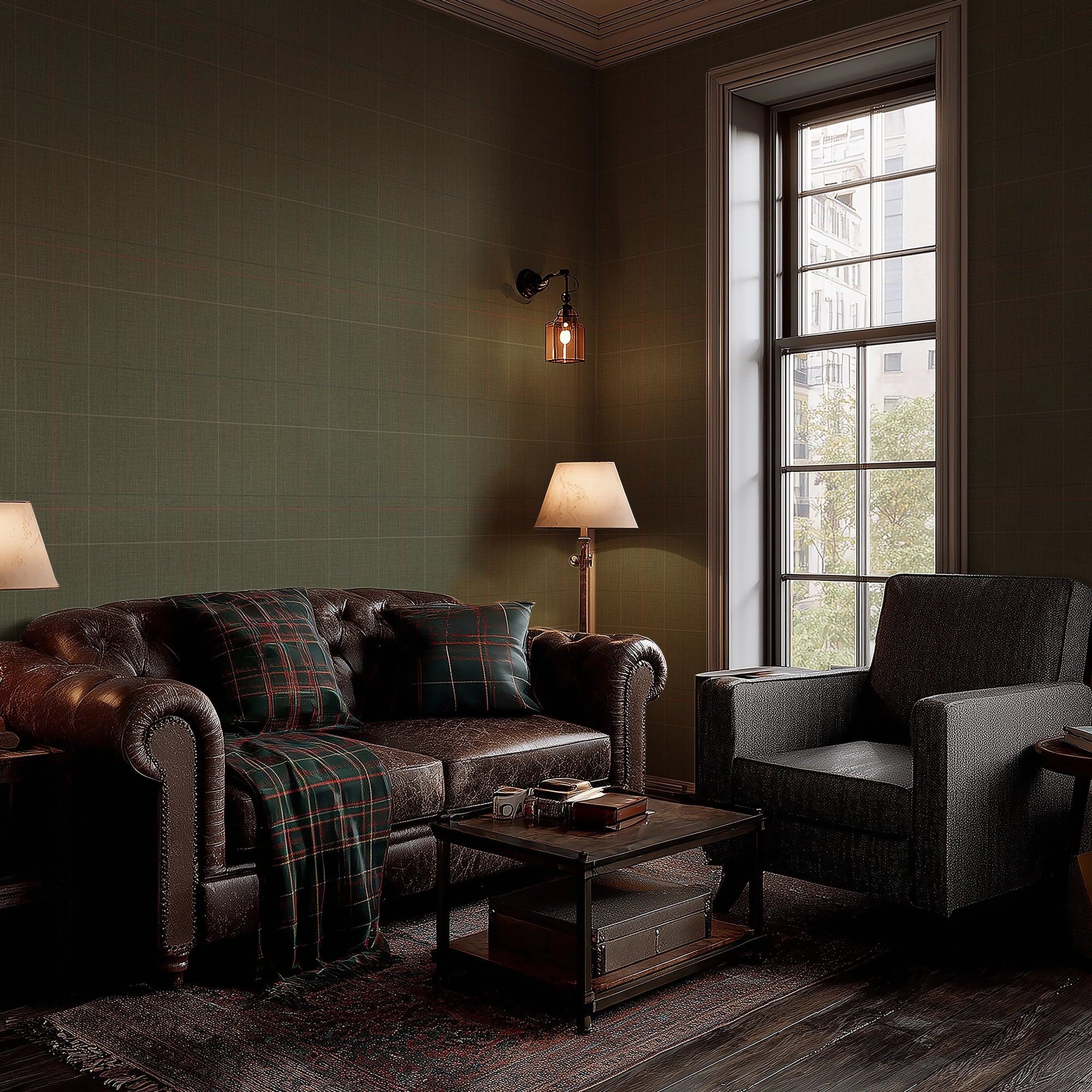 Royal Check Wallpaper in Bracken Green, Sage and Red