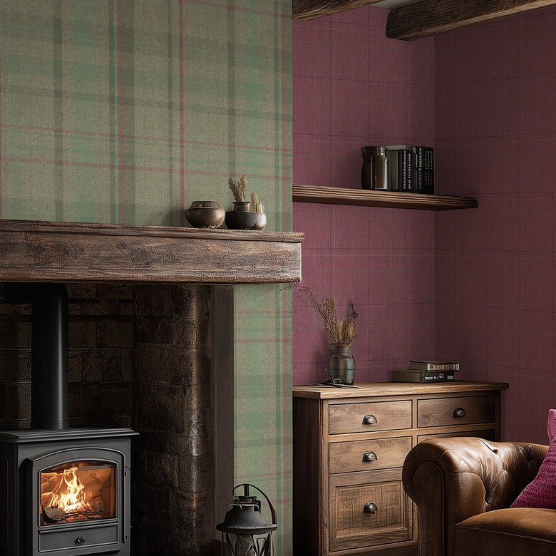 Royal Check Wallpaper in Berry, Rich Plum and Mint